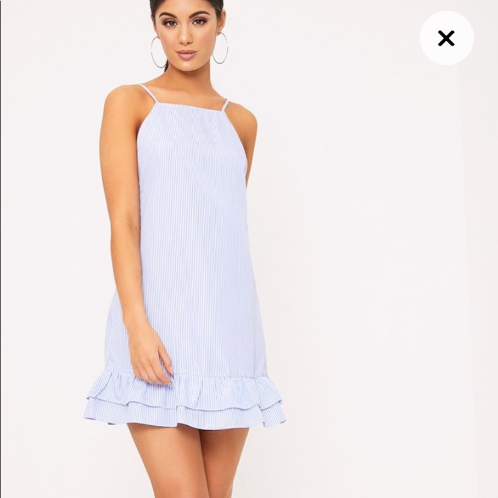 Blue Striped Square Neck Frill Shift Dress